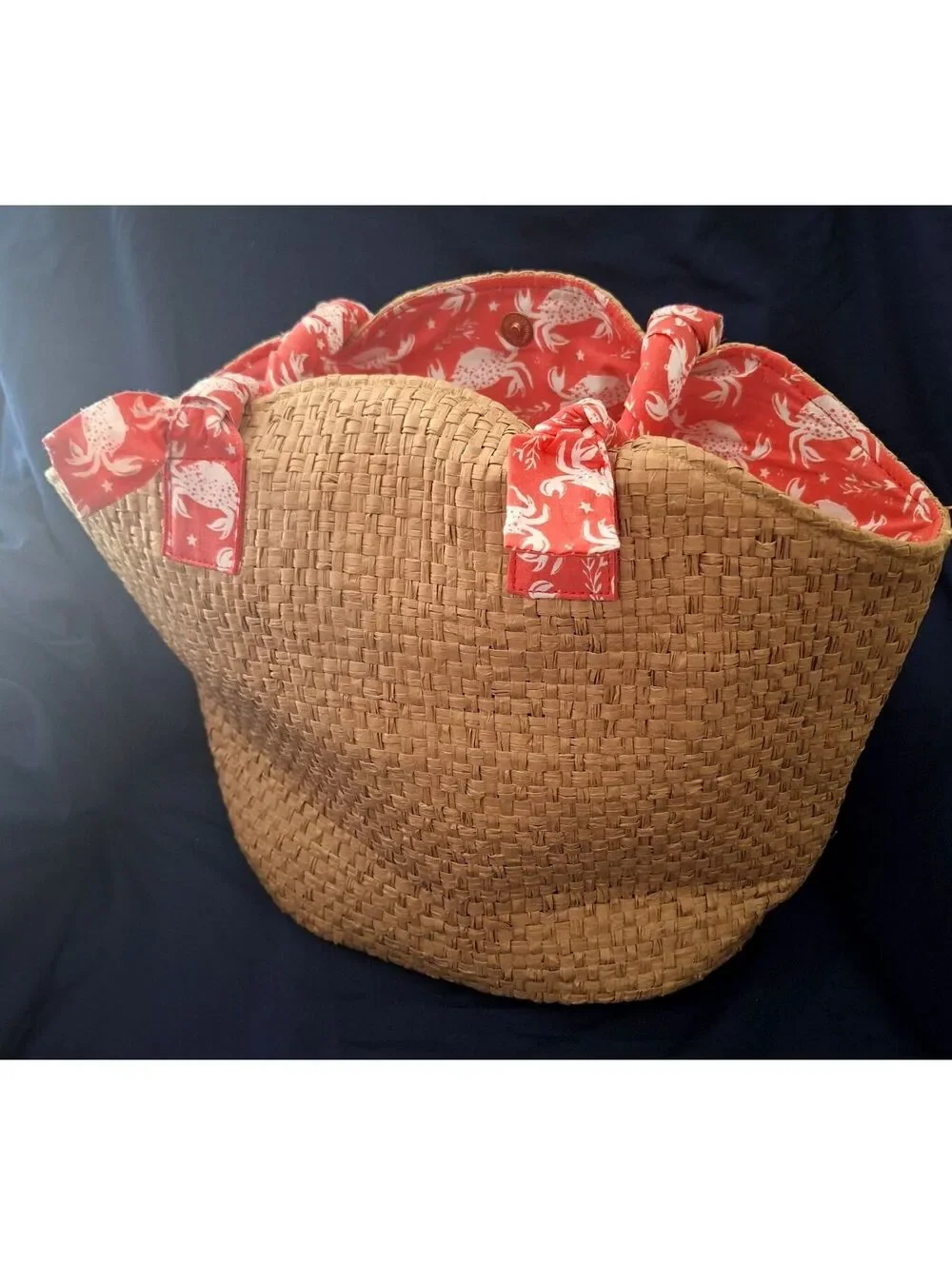 NWT Lulu Crab Woven Wicker Straw Beach Tote Pink Coral Scarf Handles 3 Pockets